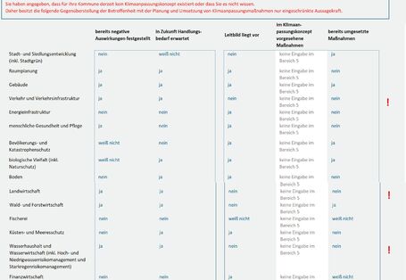 Tabelle zu Handlungsfeldern der Klimaanpassung mit fünf Spalten: bereits negative Auswirkungen, in Zukunft Handlungsbedarf, Leitbild vorhanden, im Klimaanpassungskonzept vorgesehene Maßnahmen, bereits umgesetzte Maßnahmen. Antworten variieren zwischen „ja“, „nein“ und „weiß nicht“. In der Maßnahmen-Spalte steht überall „keine Eingabe im Bereich 5“. In der letzten Spalte sind rote Ausrufezeichen markiert, wo Lücken zwischen Bedarf und Maßnahmen bestehen.