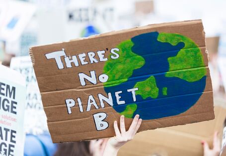 Bild zeigt im Mittelpunkt ein Pappschild  auf welchem "There's no Planet B" geschrieben steht. Im Hintergrund sieht man weitere Protestschilder.