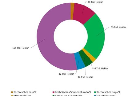 Die Grafik zeigt die Anbaufläche für Industriepflanzen 2022: Industriestärke mit 155000 Hektar und technisches Rapsöl mit 69000 Hektar werden auf der mit Abstand größen Flächen angebaut, Arznei- und Farbstoffe, Industriezucker, Technisches Sonnenblumenöl, Pflanzenfasern und Technisches Leinöl mit zwischen 33000 und 5000 Hektar eine deutlich kleinere Fläche.