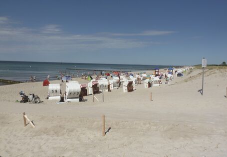The picture shows a Baltic Sea beach with numerous beach chairs and the sea in bright weather.