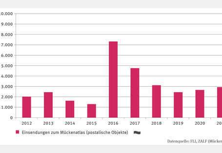 Das Säulendiagramm GE-R-4 "Einsendungen zum Mückenatlas" zeigt die jährliche Anzahl der postalischen Einsendungen zum Mückenatlas ab 2012. Im Jahr 2016 war die Anzahl der Einsendungen mit über 7.000 Einsendungen besonders hoch, war anschließend rückläufig und stieg seit 2019 von damals etwa 2.500 auf zuletzt knapp 3.000 Einsendungen im Jahr 2021. Ein signifkanter Trend liegt nicht vor.
