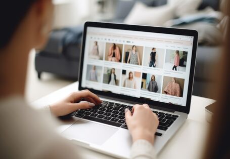 Eine Person guckt auf eine Website im Laptop, auf der Kleidung zum Kauf angeboten wird