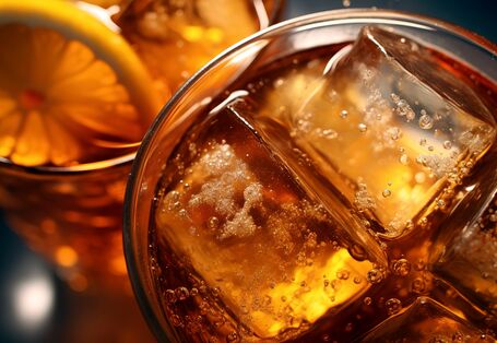 Zwei Gläser mit Cola und Eistee und Eiswürfel von oben abgelichtet 