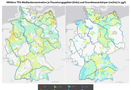 Die Abbildung zeigt zwei Karten: Links ist die mittlere TFA-Mediankonzentration je Flusseinzugsgebiet zu sehen, rechts die mittlere TFA-Mediankonzentration je Grundwasserkörper
