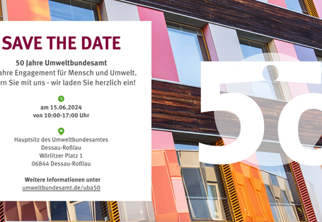 Grafik mit dem Jubiläumslogo des Umweltbundesamtes. Eine 50 mit dem Symbol des Blauen Engels. Auf der Grafik stehen alle wichtigen Daten zum Jubiläumsfest am 15.06.2024 in Dessau-Roßlau für alle interessierten Bürgerinnen und Bürger.