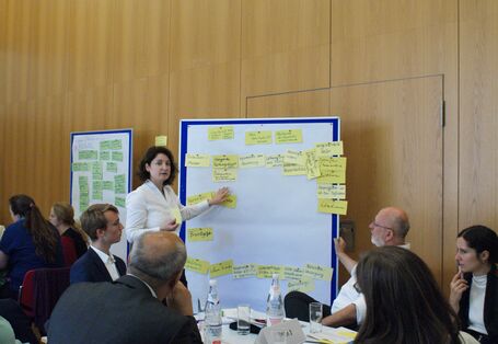 Teilnehmende zeigt auf die Präsentationswand. An der Präsentationswand hängen gelbe Moderationskarten. Die Teilnehmenden sitzen am Tisch und betrachten nachdenklich die Präsentationwand.