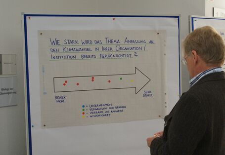 Teilnehmer betrachtet eine Pfeil Graphik an Moderationswand zum Thema: Wie stark wird Anpassung an den Klimawandel in der eigenen Organisation bereits berücksichtigt.