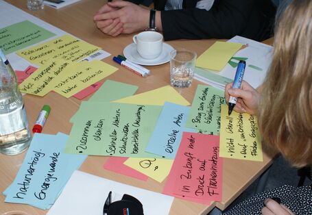 Farbige Moderationskarten liegen beschriftet auf dem Gruppenarbeitstisch. Eine Teilnehmerin beschreibt eine gelbe Moderationskarte zum Thema Naturschutz durch Anpassung