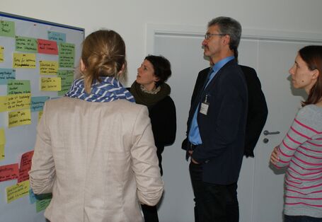 Teilnehmer stehen vor einem Flipchart und schauen auf farbige und beschriftete Moderationskarten.
