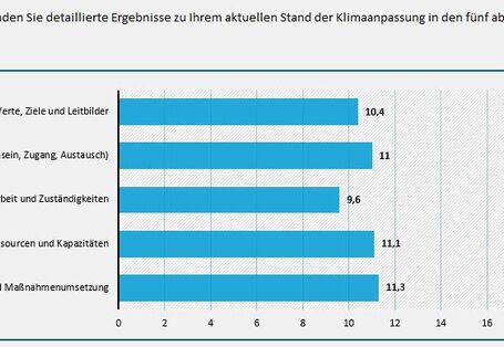 Balkendiagramm mit fünf Bereichen der Klimaanpassung. Werte, Ziele und Leitbilder: 6,7 Punkte. Wissen (Vorhandensein, Zugang, Austausch): 12 Punkte. Zusammenarbeit und Zuständigkeiten: 10 Punkte. Ressourcen und Kapazitäten: 10 Punkte. Strategien und Maßnahmenumsetzung: 4,1 Punkte. Skala von 0 bis 20 Punkte, horizontale blaue Balken pro Bereich.