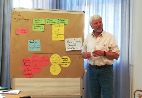 Ein Vortragender steht neben einer Moderationswand, die mit farbigen und beschrifteten Moderationskarten bestückt ist und schaut in Richtung Arbeitsgruppenraum. Im Hintergrund scheint Sonnenlicht durch die Vorhänge.