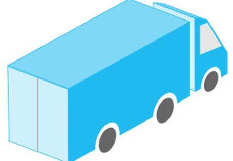 Blaues Modell eines Lastwagens von hinten.