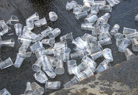 Gebrauchte Plastikbecher liegen auf der Straße