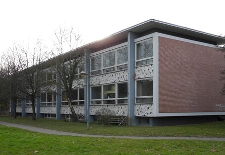 Ein flaches Schulgebäude mit großen Fenstern steht auf Rasen hinter einer kleiner Baumreihe.