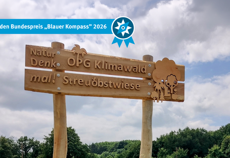 Das Bild zeigt das aus Holz in der Schule selbst gestaltete und hergestellte Schild für den OPG-Klimawald und die angrenzende Streuobstwiese