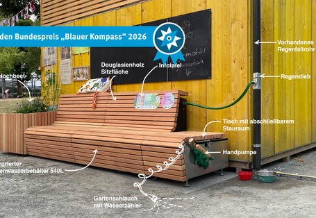 Das Bild zeigt die Regenwasserbank an der MachBar in Stuttgart. Ein durch nachbarschaftsinnitiative getragenes Projekt, welches das gesammelte Regenwasser zur Bewässerung des Grüns auf dem Platz nutzt. 