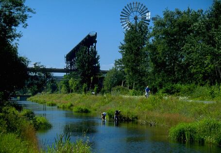 Ein Gewässer in einem Landschaftspark. Im Hintergrund steht ein Windrad. Im Vordergrund spielen Kinder in den Uferbereichen und fangen Fische.