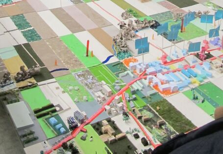 Modell der Ortslage beim Partizipationsworkshop, welches vom Projektteam und den Bürgern aus Brockwitz gemeinsam gestaltet wurde. Bild: Projektteam HUeBro 