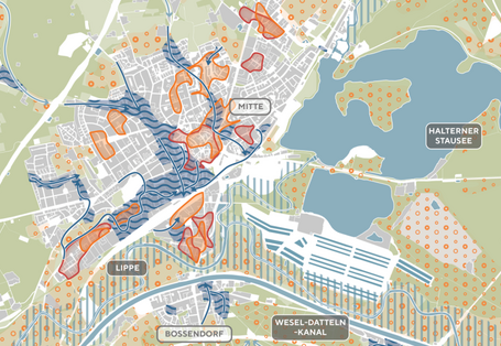 Bildausschnitt der Hotspot-Karte für die Halterner Stadtmitte, die insbesondere auf Überflutungsbereiche und Hitzebereiche hinweist.