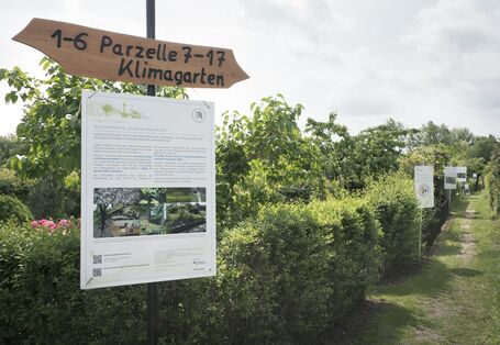 Fotografie eines Wegweisers der Parzelle Klimagarten. Am Wegweiser befindet sich zudem eine Informationstafel zum "Klima-Schaugarten".
