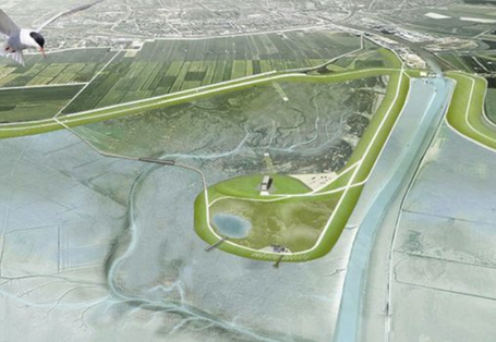 Luftbildaufnahme von der Husumer Hallig zeigt im Vordergrund eine fliegende Schwalbe mit schwarzem Kopf. Die Aufnahme mutet schematisch an. Man erkennt Landstraßen und Feldabschnitte. Die Hallig ragt vom Festland aus gesehen nasenförmig ins Meer