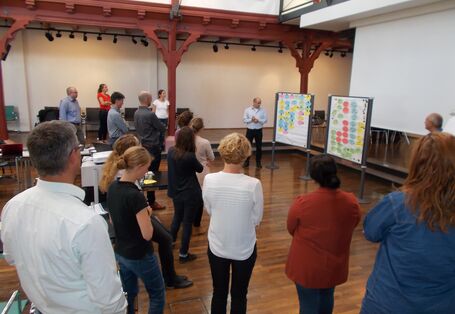 Seminarteilnehmender präsentiert Arbeitsergebnisse anhand von zwei Flipcharts, auf denen die Arbeitsergebnisse auf buntem Moderationskarten geschrieben stehen. Andere Seminarteilnehmende stehen davor und hören zu.