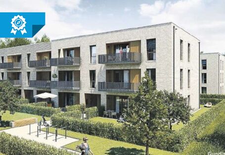 Digitale Darstellung der hellen Wohnhäuser in Blockform mit Balkone und Grün drum herum.