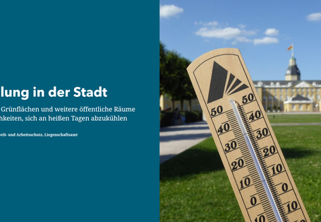 Titelbild des Karlsruher Stadtplans für heiße Tage. Fotografie eines Thermometers neben Text.