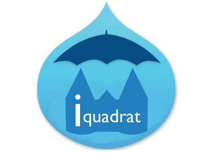 Logo des Projektes i-quadrat. In einem hellblauen Wassertropfen ist ein Stadtmauertor mit dem Schriftzug "i quadrat" unter einem Schirm abgebildet.