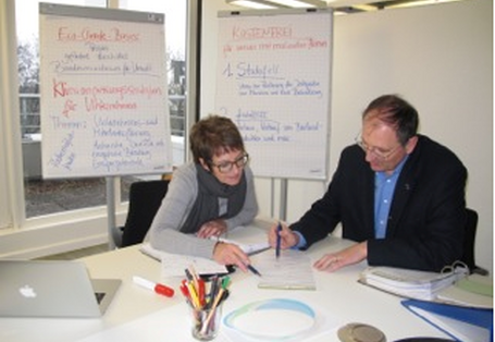 Zwei Personen sitzen am Tisch und arbeiten am Thema Klimaschutz und Anpassung an den Klimawandel