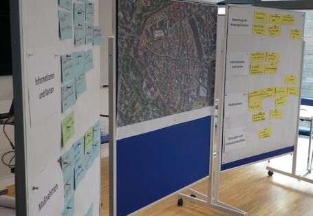Farbige Moderationskarten zeigen die Workshopergebnisse. Die Moderationskarten sind auf 3 Stellwänden gepinnt. Auf der Stellwand in der Mitte befindet sich eine Karte, die eine Luftaufnahme einer Stadt darstellt.