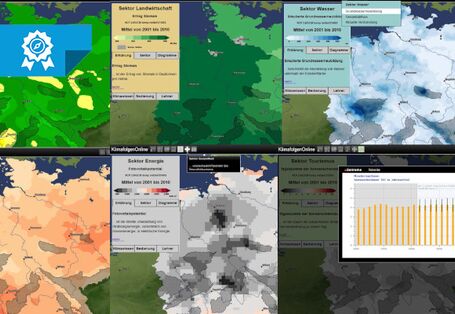 Mehrere Ausschnitt einer Karte von Deutschland, auf denen die Klimawandelfolgen in den Sektoren Klima, Landwirtschaft, Wasser, Forst und Energie veranschaulicht werden.