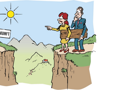 Im Karikaturstil abgebildet stehen zwei Personen rechts im Bild vor einer Schlucht. Links von der Schlucht steht ein Schild mit der Aufschrift "Klimazukunft". Der Weg, auf dem die beiden Personen stehen führt von rechts nach links und wird durch die Schlucht unterbrochen. Die vorne stehende Person deutet auf das Schild; beide tragen ein Brett, dass breit genug, ist als dass man darüber gehen könnte.