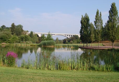 Der Blick geht auf eine weisse Brücke im Hintergrund vor blauem Himmel. Im Vordergrund spiegelt sich das Bild im Wasser, welches von Bäumen gesäumt ist.