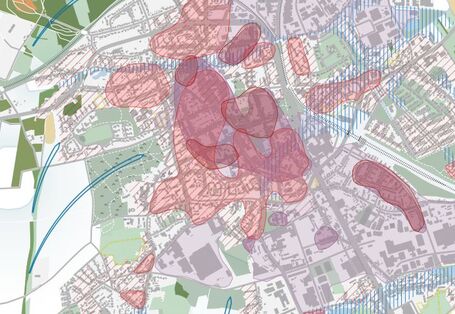 Hot-Spot-Karte: Kartenausschnitt Stadt Viersen mit roten rundförmigen Markierungen der Hotspots.