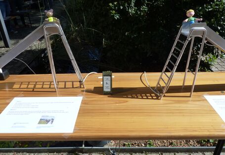 An zwei Miniaturrutschen werden anhand von Sensoren die Oberflächentemperatur der Rutschflächen digital angezeigt.