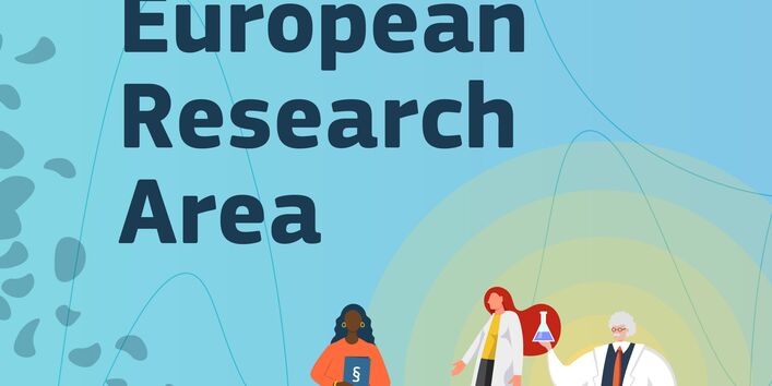 Illustration by the European Commission titled “Supporting the European Research Area.” On the right is the EU Commission logo; on the right, Three illustrated people.