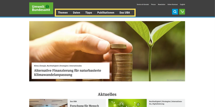 Screenshot der UBA-Website, gelb umrandet die Hauptnavigation