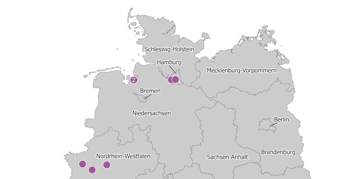 Die Karte zeigt die räumliche Verteilung der berichtspflichtigen Betriebe der Nichteisenmetall-Industrie im Jahr 2024. Die meisten dieser Betriebe liegen im Bundesland Nordrhein-Westfalen.