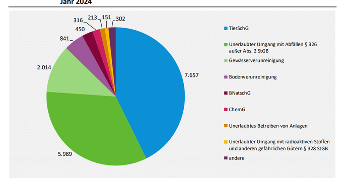 Das ist ein Kreisdiagramm. Im Jahr 2024 waren 43 % aller Umweltstraftaten Straftaten nach dem TierSchG. Straftaten des unerlaubten Umgangs mit Abfällen (§ 326 außer Absatz 2 StGB) hatten einen Anteil von 33 %, Gewässerverunreinigungen von 11 %. Diese drei Straftaten umfassten 2024 einen Anteil von 87 % aller Umweltstraftaten.