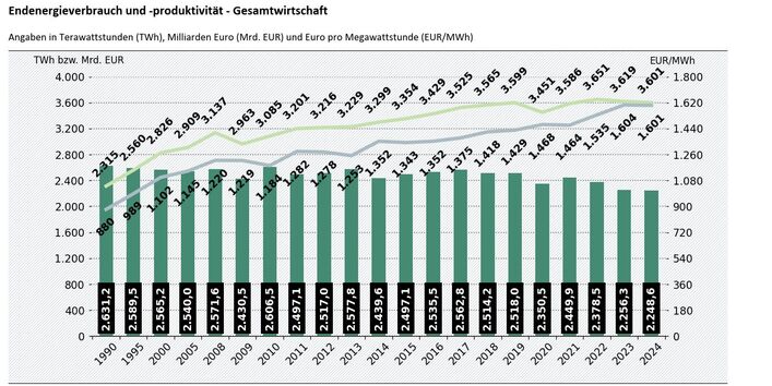 In der Abbildung ist ein Balkendiagramm dargestellt, welches den jährlichen Endenergieverbrauch zwischen 1990 und 2024 darstellt. Darüber hinaus sind Endenergieproduktivität und Bruttoinlandsprodukt darüber als Liniendiagramm abgebildet. Es ist ersichtlich, dass Endenergieproduktivität stetig steigt, ebenso das Bruttoinlandsprodukt, welches jedoch einen sichtbaren Rückgang seit 2022 aufzeigt.