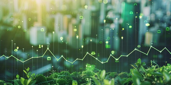 Eine konzeptionelle Visualisierung der Öko-Innovation mit grünen Datenpunkten, die aus der städtischen Flora vor dem Hintergrund einer Stadtlandschaft aufsteigen