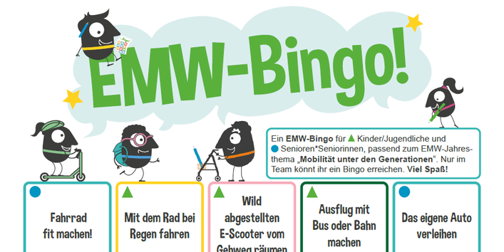Bild des BINGO-Zettels mit unterschiedlichen Aufgaben, die im Rahmen der Europäischen Mobilitätswoche erledigt werden können. Die Aufgaben richten sich jeweils an unterschiedliche Generationen. 