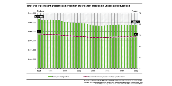 A graph shows the area of permanent grassland and its share of the total agricultural area from 1991 to 2025. Both indicators have been declining until 2013 and have then increased in the years that followed. Most recently, the values have stagnated. 