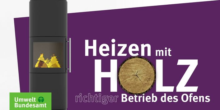 Grafik mit Darstellung eines Kaminofens, daneben der Schriftzug "Heizen mit Holz. richtiger Betrieb des Ofens"