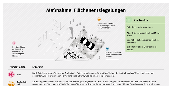 Infografik zur Maßnahme Flächenentsiegelung: Entsiegelte Flächen fördern die Versickerung von Regenwasser, reduzieren Hitze und Oberflächenabfluss, verbessern das Mikroklima und schaffen neue Grünflächen sowie Lebensräume in Städten.