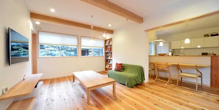 Das Bild zeigt ein Zimmer mit einem Sofa mit grünem Überwurf und roten Kissen, mit hellen holzbelassenen Einrichtungsgegenständen, Fußbodendielung und Deckenbalken.