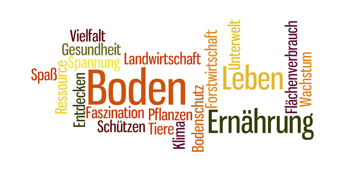 zeigt Stichworte zum Jahr des Bodens, wie "Leben", "Unterwelt", "Wachstum"