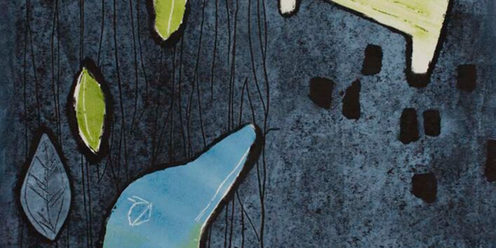 Künstlergraphik: Ein Vogel blickt auf eine Bank, Laub fällt