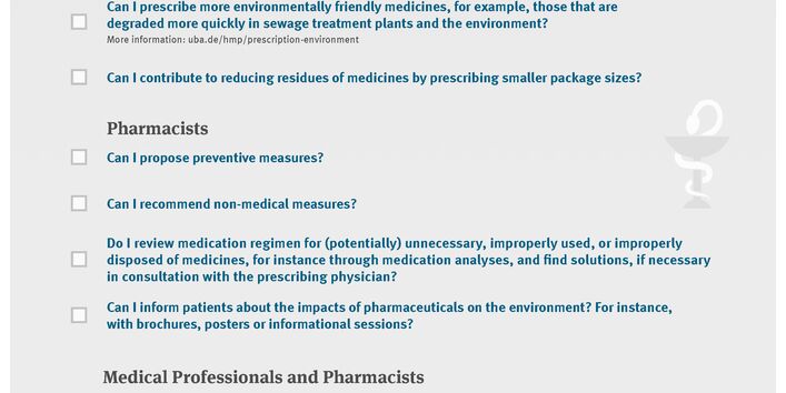 List of suggestions for preventing the release of pharmaceuticals into the environment. Text content:  Environmental Checklist for Prescribing and Dispensing Medications